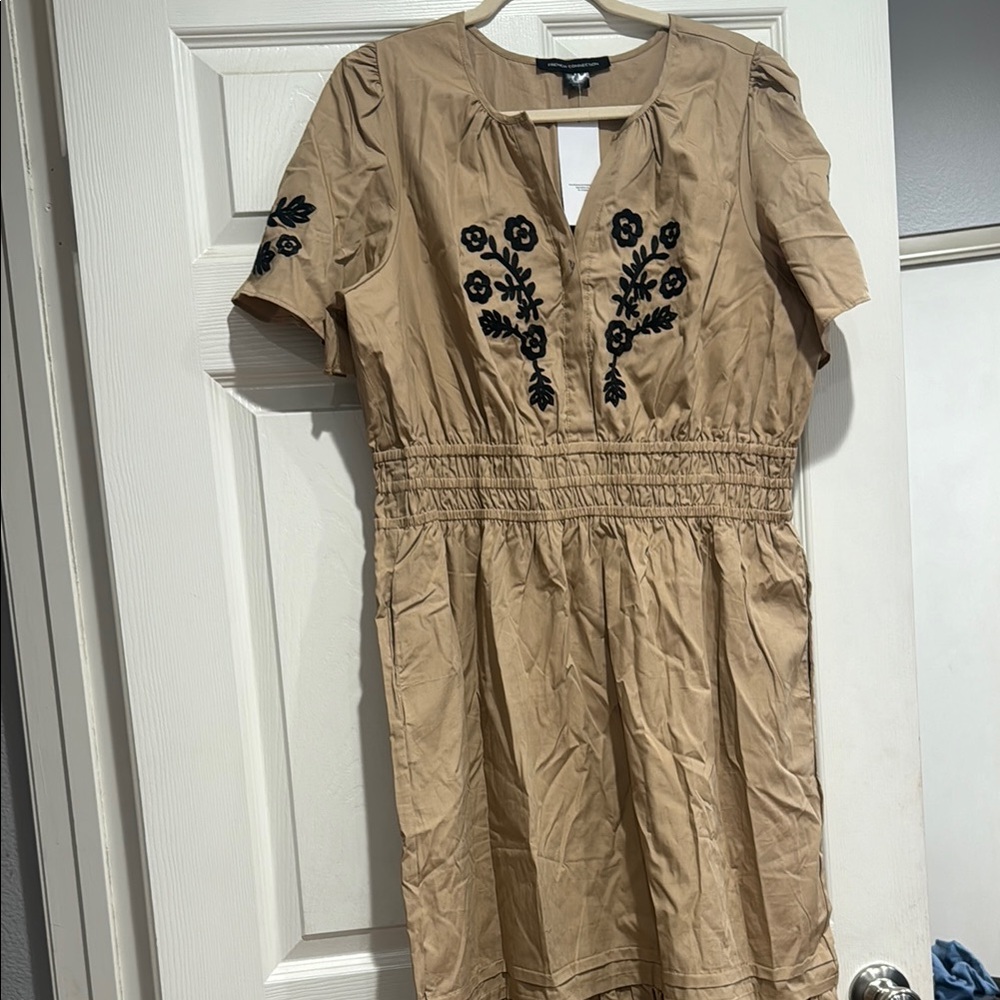 French Connection Beige Dress with Black Floral Design